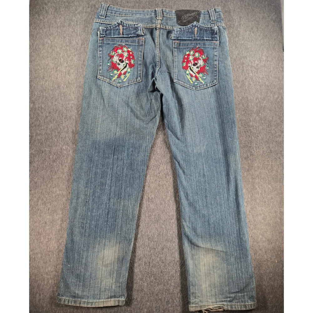 Ed Hardy Christian Audigier Jeans Mens 33x30 Skull Rose Embroidered Y2K Denim - Picture 2 of 11